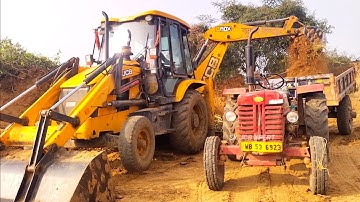 Jcb 3dx Backhoe Loader Machine Loading Mud In Powertrack 434 Ds Plus & Mahindra 475 Di Tractor | Job