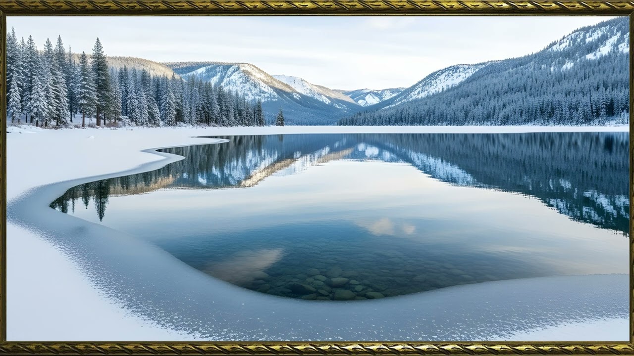 4K TV art, Galley Frame winter season .Calm Winter Home, Vintage Oil Painting