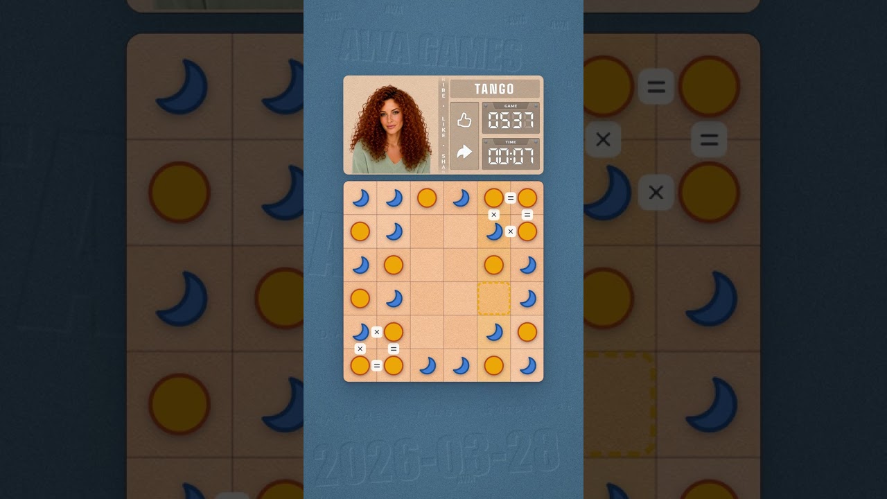 LinkedIn Tango #537 solved board for March 28, 2026, 6x6 grid