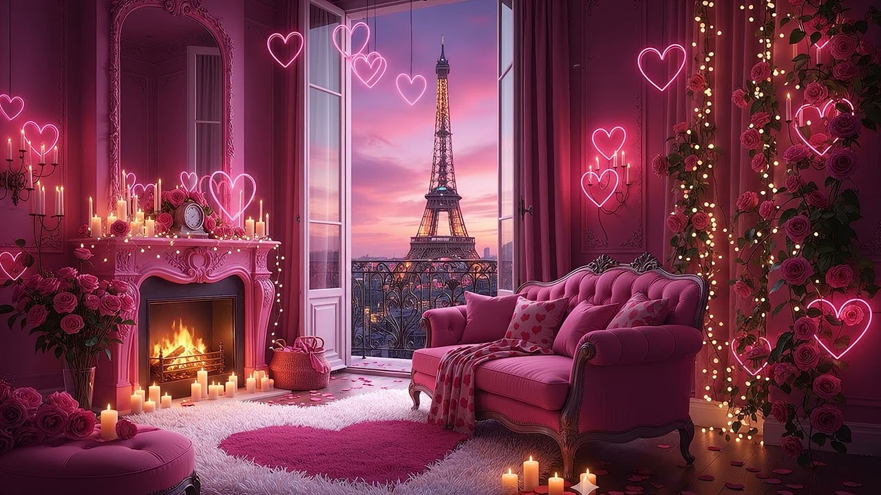 💕💘 Pink Valentine’s Sunset in Paris ✨ Fireplace Ambience + Romantic Music 💗
