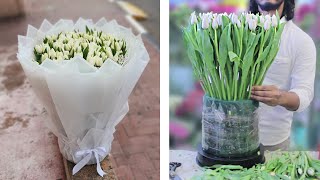 100 Tulips flower bouquet wrapping technique. Flower Bouquet arrangement. Flower bouquet