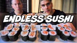 ALL YOU CAN EAT SUSHI VS PRO EATER + WE GOT CUT OFF! | DESTROYING 400+ SUSHI | Man Vs Food