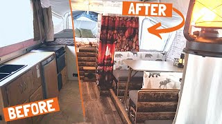 DIY LOG CABIN POPUP CAMPER REMODEL! Full tour