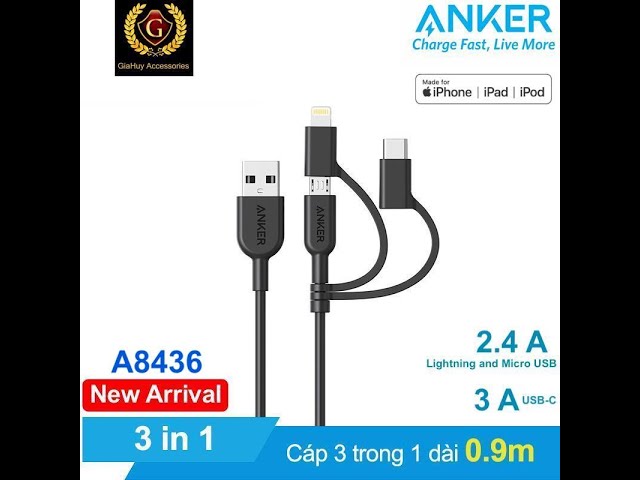 Cáp ANKER PowerLine II 3 in 1 (Lightning - Type C - Micro USB) MFi dài 0.9m - A8436