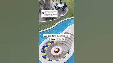 Sunken fire pit inside of a lazy river swimming pool #backyard #landscapedesign #firepit