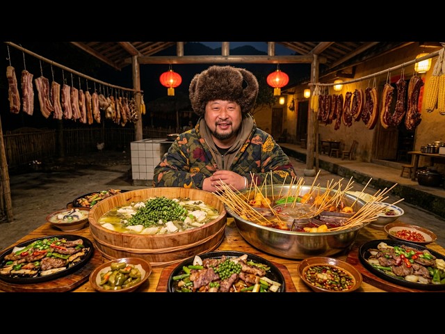 零下冬夜在农家小院煮串串香!大把签签裹满红油,配上大盆藤椒鱼直接看饿了!#美食 #美食分享