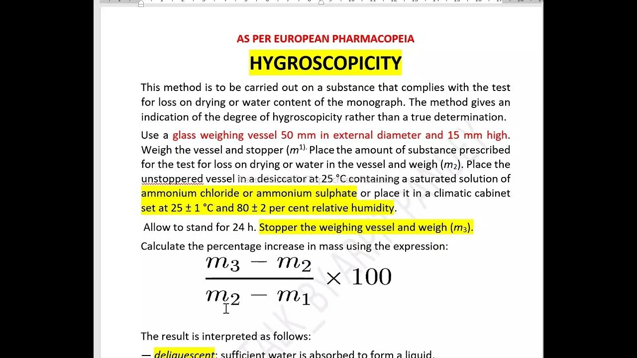 HYGROSCOPICITY,WHAT IS THE PROCEDURE TO PERFORM IN PHARMACEUTICAL YouTube