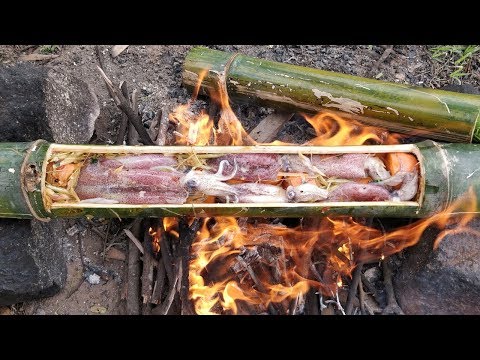 Cooking Squid and Rice in Bamboo / Boiling Squid