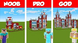 Minecraft: Noob Vs Pro Vs God: Fire Station Build Challenge In Minecraft / Funny Animation
