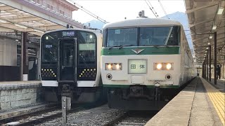 [警笛あり！滅多に聞けない日光駅の2番発車ベル+放送付き！！]185系B6編成が日光駅を発車する動画