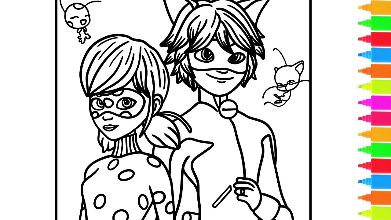 Раскраска Леди Баг и Кот Нуар, Роуз Лавильянт, Кагами Цуруги | Miraculous: Tales of Ladybug Coloring