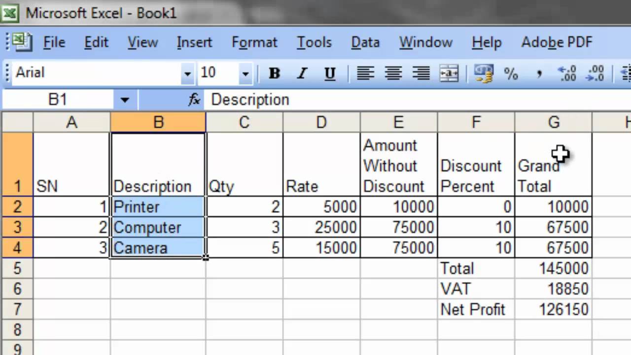 Bill Chart Excel