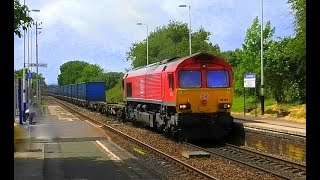 66704 with BIOMASS and 66149 on the BINLINER & four 150's.           Lostock Gralam, 23rd May 2020