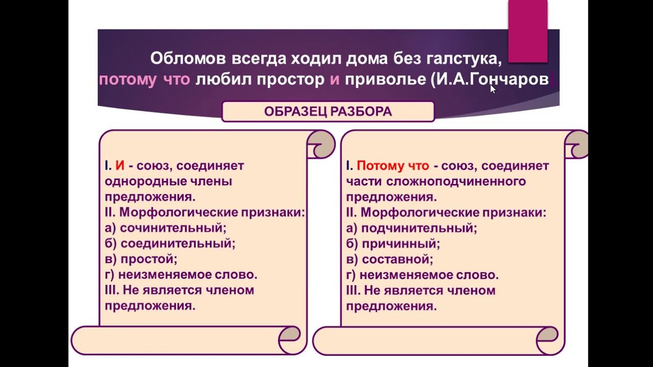 Морфологический разбор союза 7 класс примеры