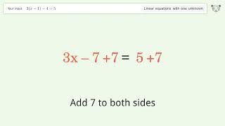 Linear equation with one unknown: Solve 3(x-1)-4=5 step-by-step solution