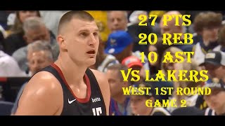 Nikola Jokic 27 Pts 20 Reb 10 Ast LA Lakers vs Denver Nuggets West 1st Round Game 2 HIGHLIGHTS