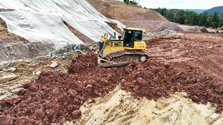 Mastering Mountain Road Building Technology By Bulldozer SHANTUI DH17C2 and 10-Wheel Dump Truck