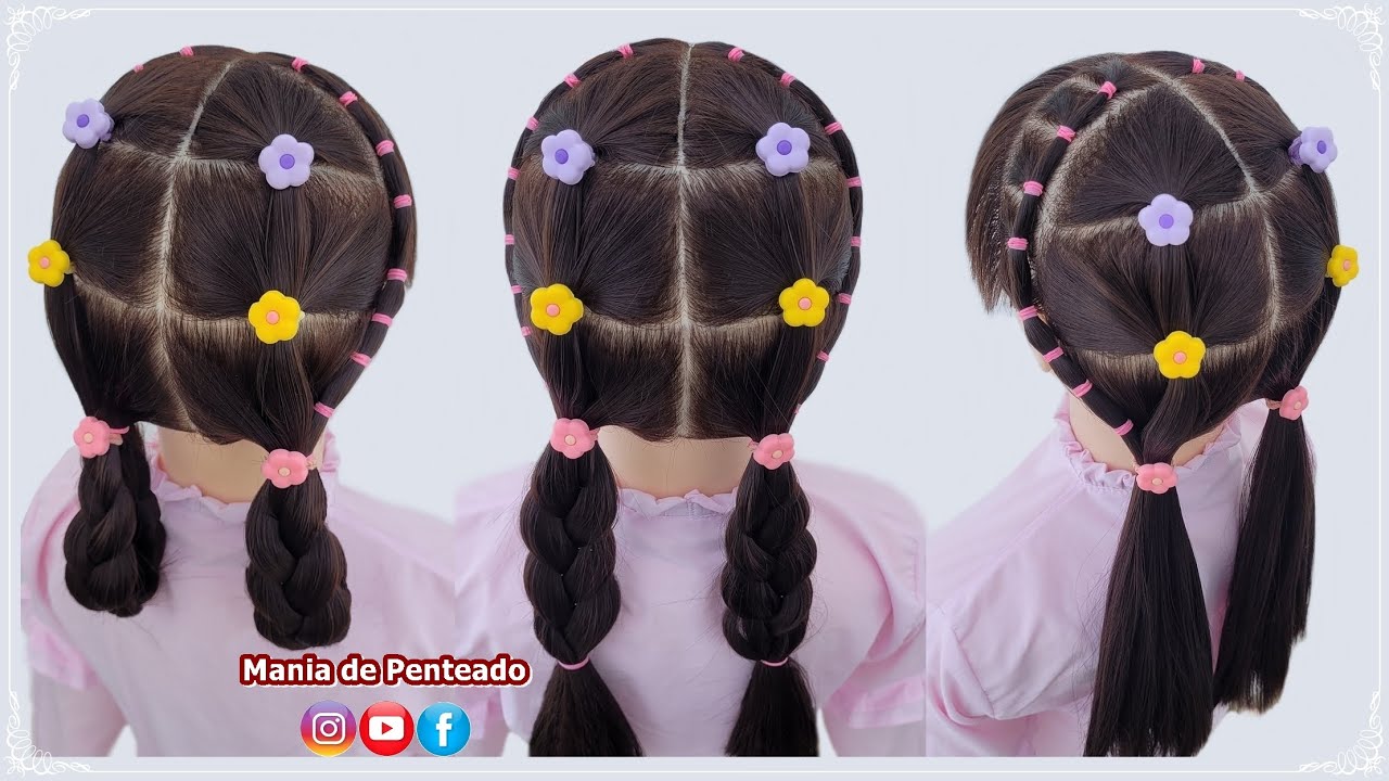 Penteado Fácil com Maria Chiquinha e divisões em Elásticos, Easy and Fast  Hairstyle for Girls, Penteado Fácil com Maria Chiquinha e divisões em  Elásticos