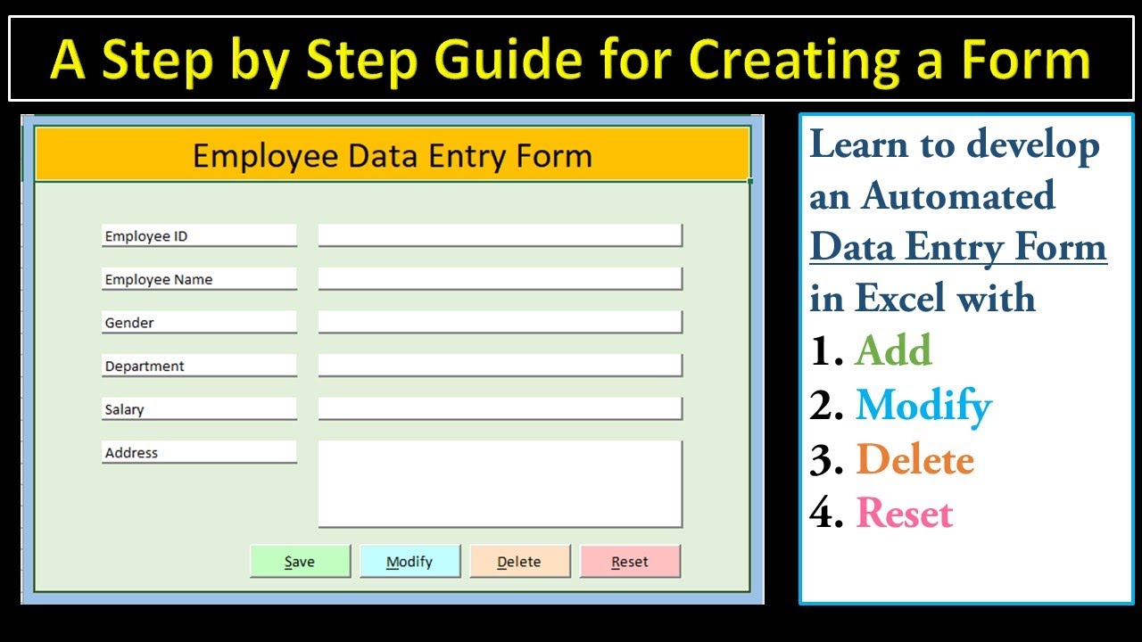 How To Create A Data Entry Form In Excel With Add Modify Delete And Reset Step By Step Guide Youtube Excel For Beginners Data Entry Excel