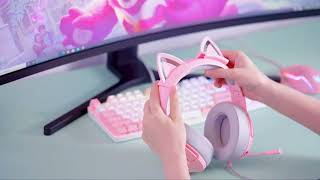 Навушники ігрові з мікрофоном і LED RGB підсвіткою ONIKUMA K9 котячі вушка Pink геймерські