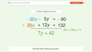 Solve system of equations 6x+y=18;5x+2y=22