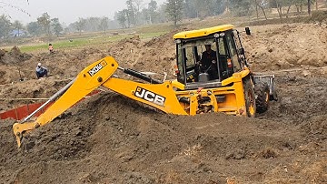 JCB Backhoe Machine Digging For Bridge Foundation Construction - JCB Machine at Work