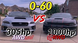 305hp WRX STI vs. 1000hp Hellcat - 0-60 on the street (Unreal)