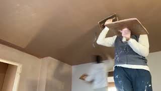Timelapse Applying First And Second Coat Of Plaster On A Ceiling