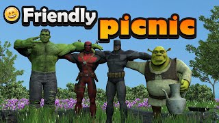 Friendly picnic of Batman, Shrek, Hulk and... attractive animation