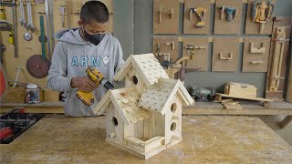 Build DIY woodworking temple bird house and bird feeder