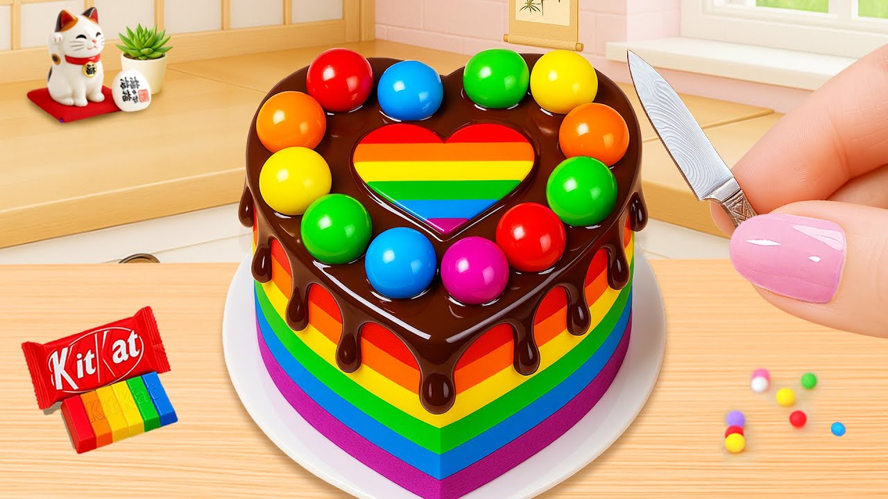 Mini Rainbow Kitkat Chocolate Heart Cake 🍫 レインボーポップイットチョコレートケーキのレシピ 🌈 Tiny Joy Japan