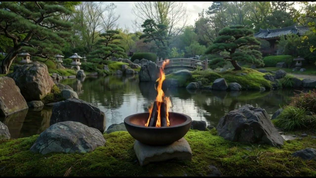 Japanese Zen Garden Escape - Relaxing Fire by Tranquil Pond (no music) Fire sounds🔥Calm Ambience