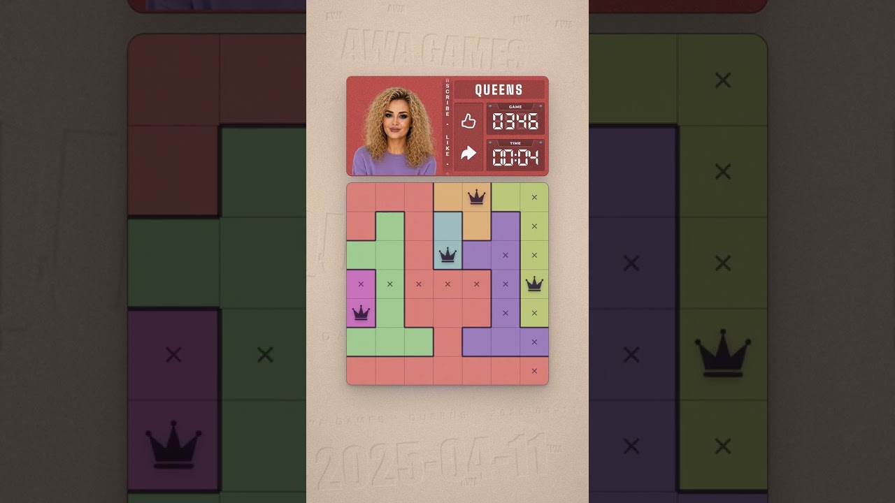 LinkedIn Queens #346 solved board for April 11, 2025, 7x7 grid