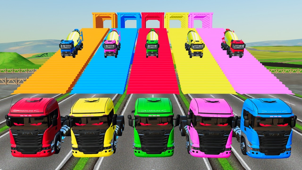 Transporting Colorful Mixer Trucks & Double Flatbed Trailers on Dangerous Terrain FS22 #86