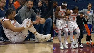 Jalen Brunson scary knee injury going up for shot 40 secs into game vs Cavs 😬