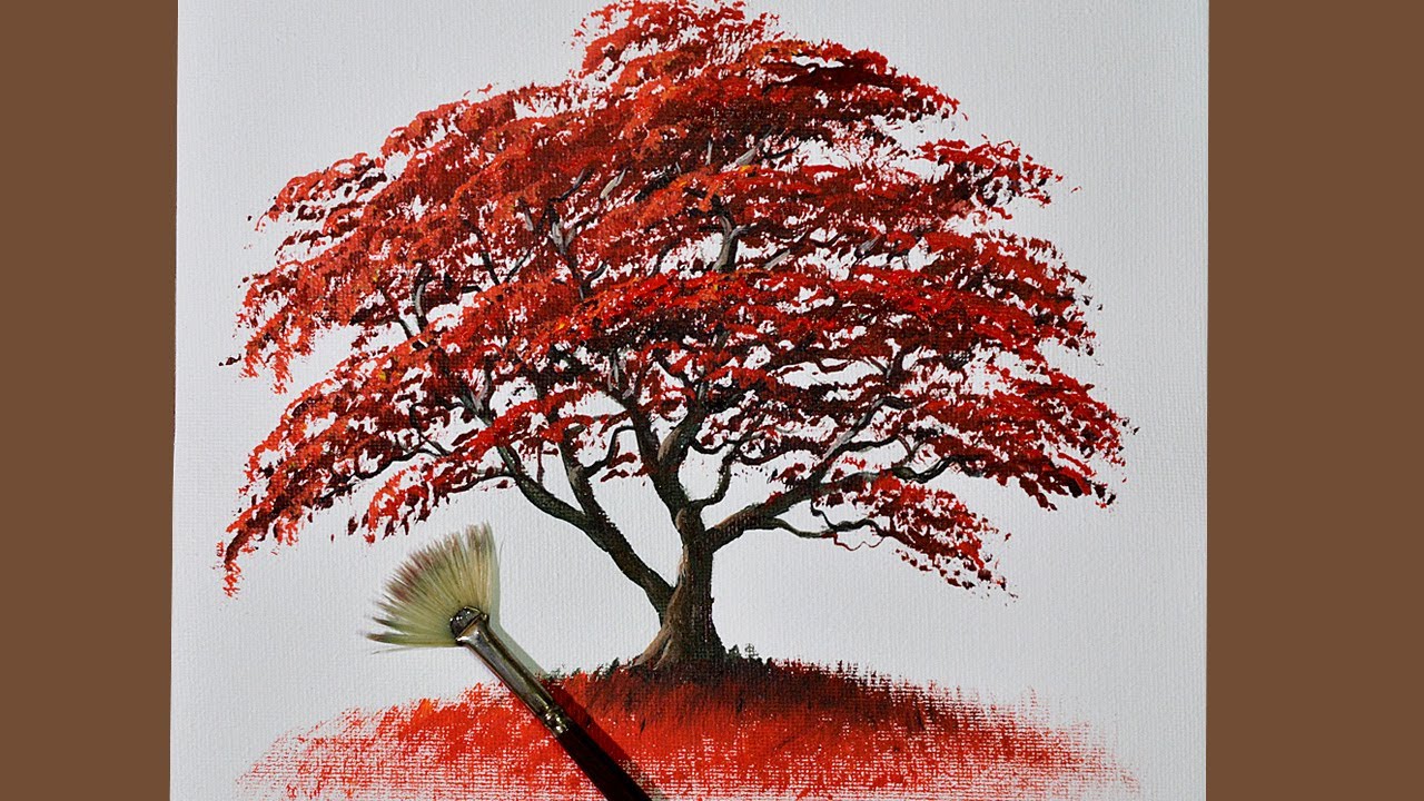 Basic Acrylic Painting Tutorial for Beginners  How to Paint an Autumn Tree  Using Fan Brush 