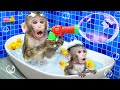 Monkey bunbun plays bath bubbles in the bathtub and eats magic mm candy  animal bunbun monkey