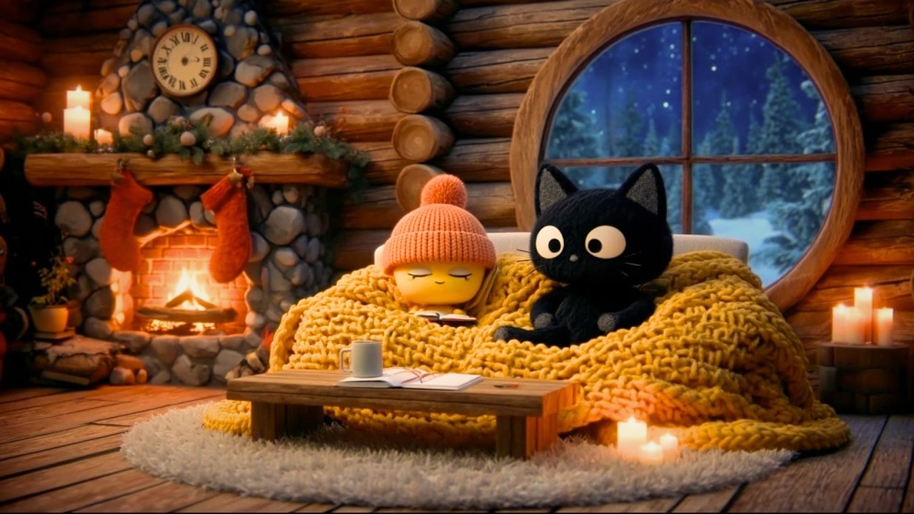 Snowy Night Cabin Hideaway ❄️ Warm Fireplace Light & Cozy Lofi Jazz for Study & Work