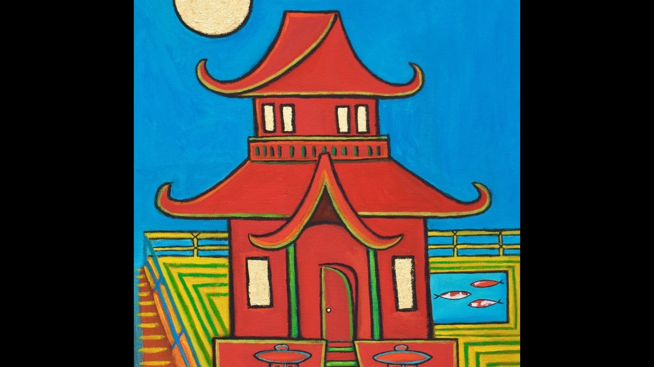 Pagoda House with Koi Pond Painting by  Artist Paul Zepeda