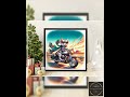 Cool Cat Riding Motorcycle in Desert, Vibrant Sunset Wall Art, Retro Style Cat Biker Illustration