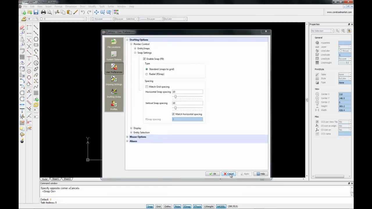 2d drafting with snap grid and dynamic object snap esnap