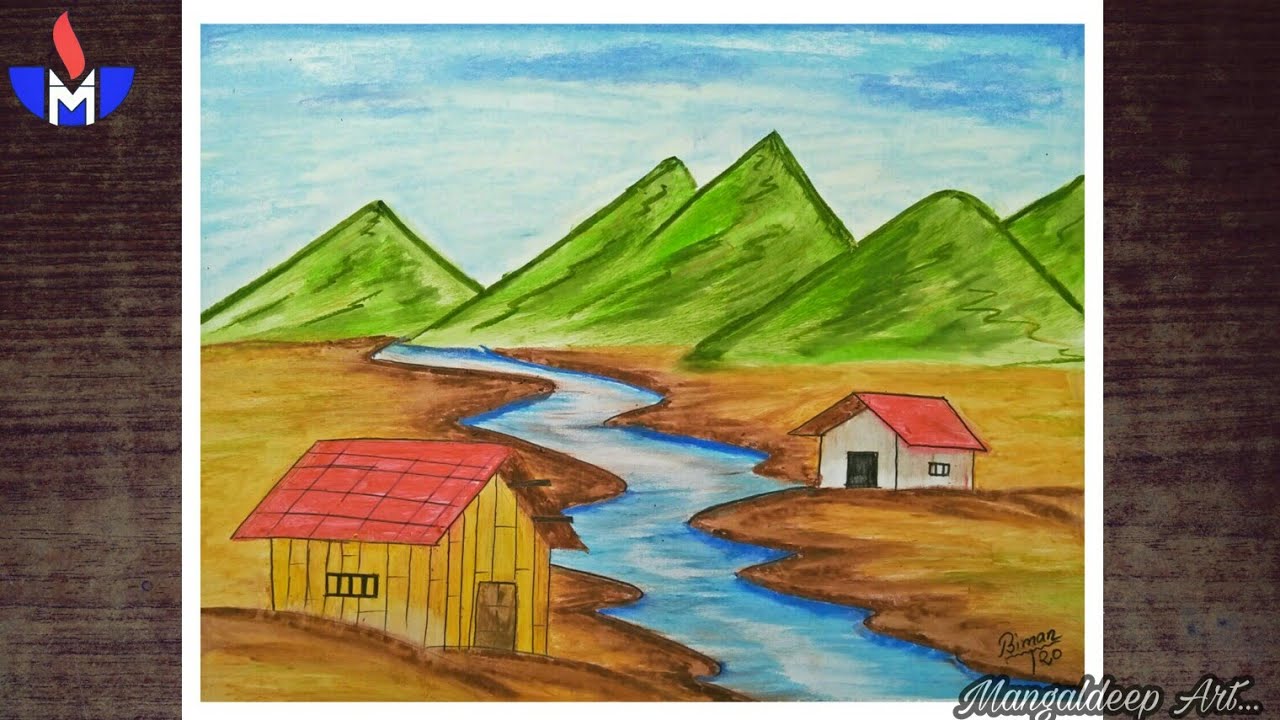 Scenery drawing।। scenery drawing in pastel colour।। Beautiful scenery