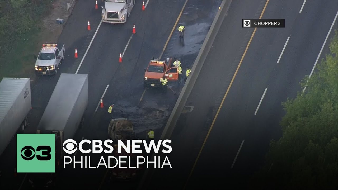 Remnants of fiery crash block lanes on New Jersey Turnpike - YouTube