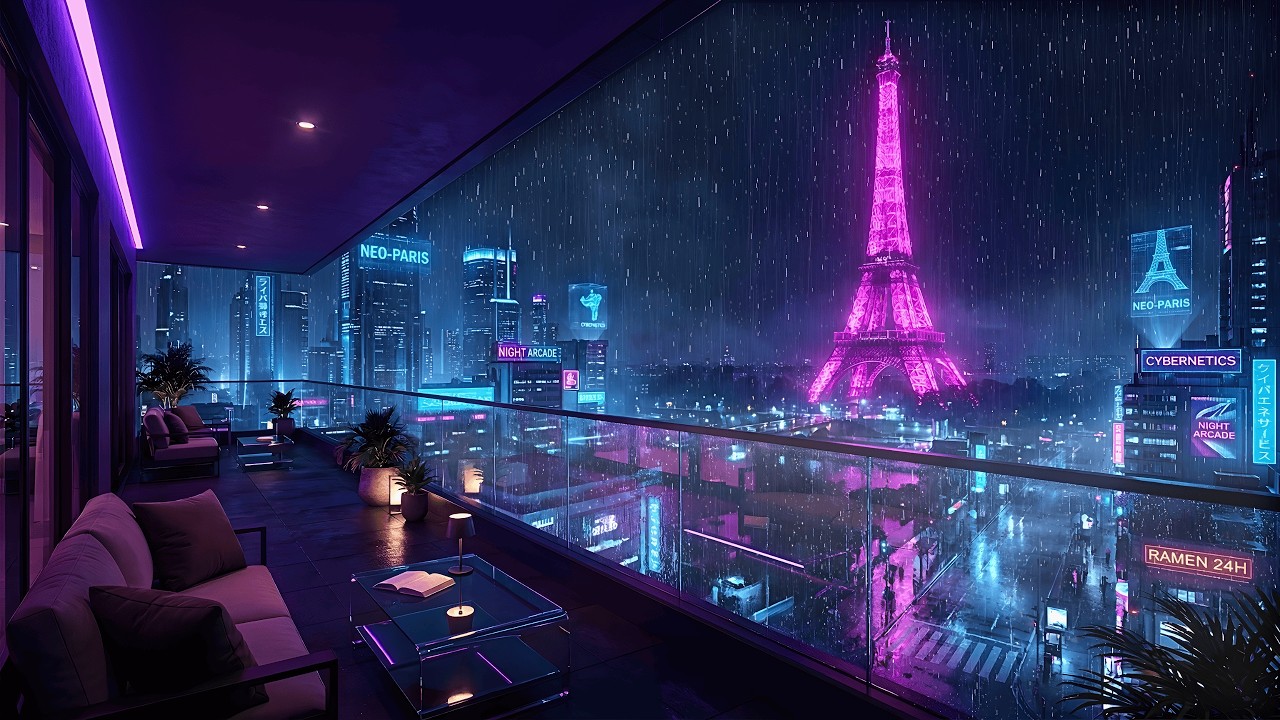 Lofi Rainy Nights 🌧️ – Dreamy Cyberpunk Paris City Balcony Vibes place for Sleep | 4K