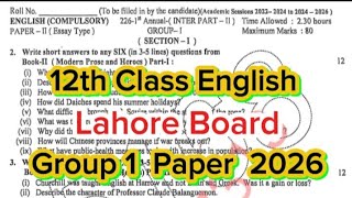 2nd year English Lahore board group 1 paper 2026 | class 12th Class English lahore Board paper 2026