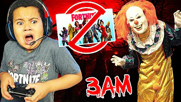 10 Year Old Little Kid Plays Fortnite At 3AM SNEAKING While GROUNDED! **GETS SCARED BY SCARY CLOWN**