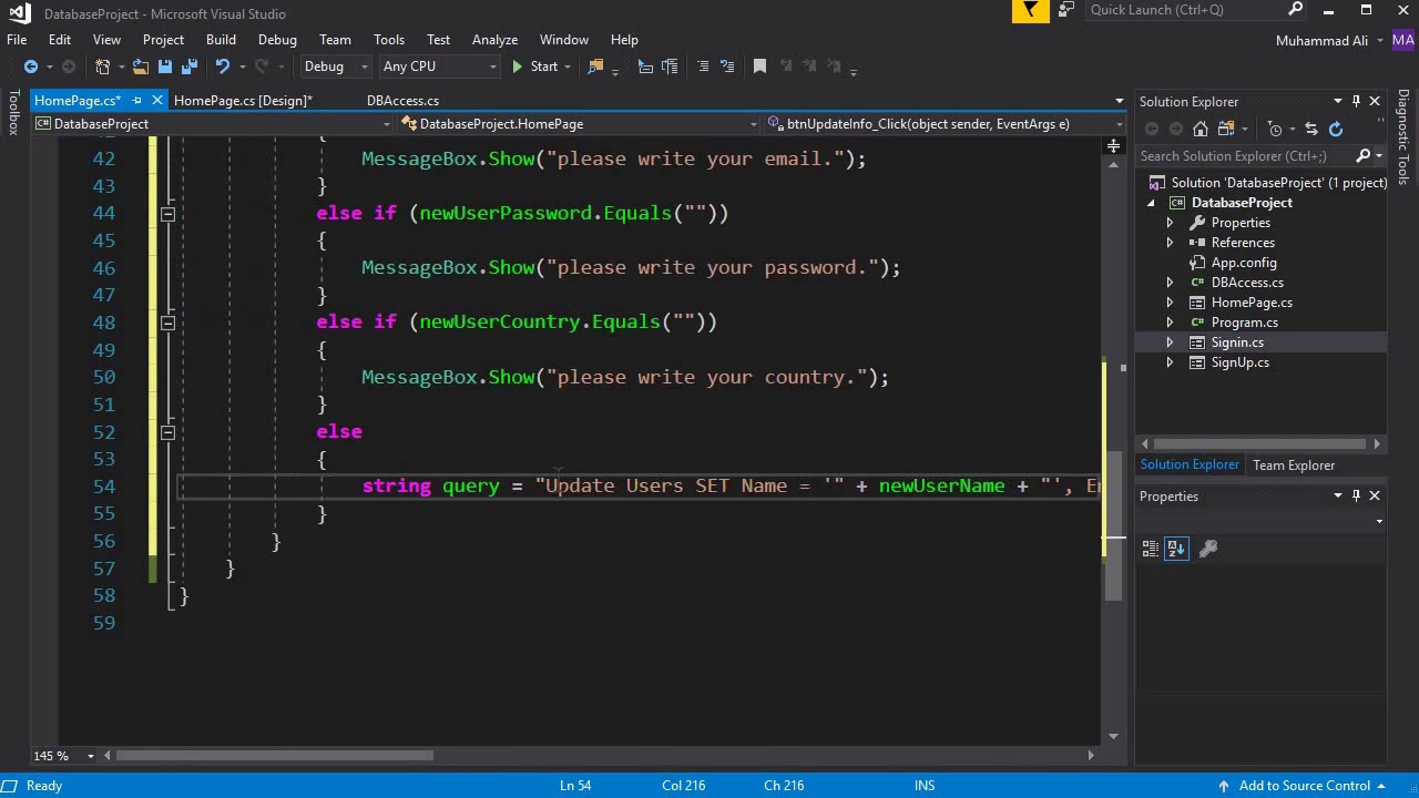 using sql in visual studio 2015