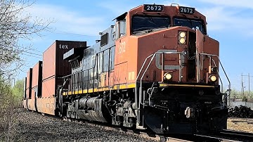 Southbound CN Double Stack Train 102 With SOLO DASH 9 LEADER With REAR DPU & Horn Salute!