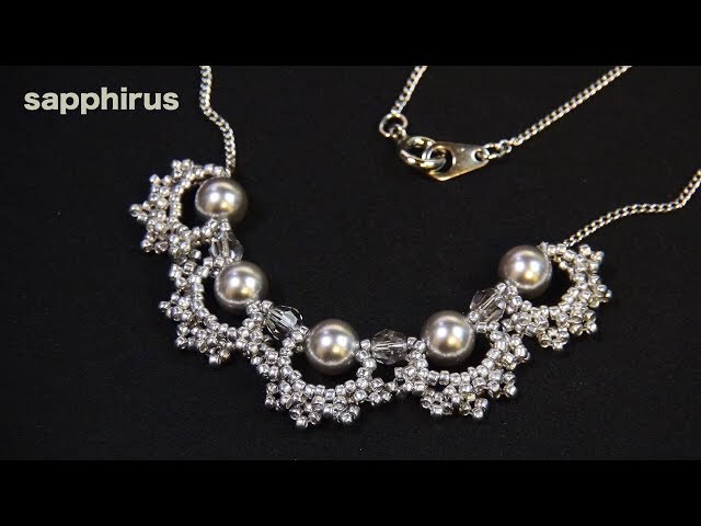 【ビーズステッチ】ビーズでレース編みのようなペンダントネックレス☆作り方　How to make：Swarovski pearls pendant necklace.