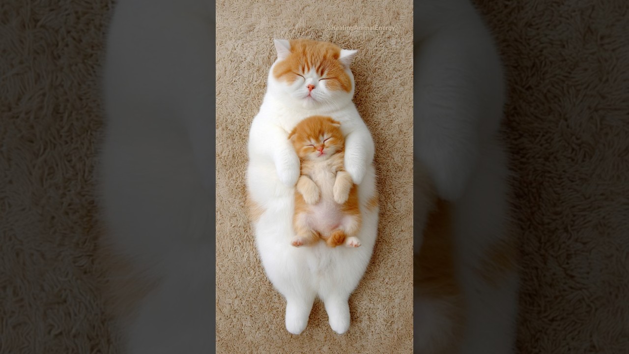 Chubby Cat and Kitten Napping Together with the Cutest Round Bellies